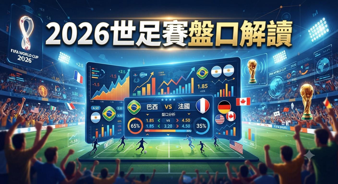 這張圖片以「2026世足賽盤口解讀」為標題,展示了充滿活力的足球場與即時數據分析介面。 畫面中結合了賽事統計、球隊勝率及體育競技氛圍,呈現出深度解讀世界杯盤口的專業視覺感受。