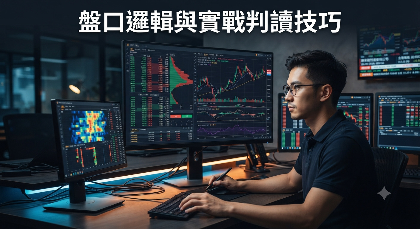 這是一張展現專業投資分析場景的圖像，畫面中心為一名正專注於多螢幕盤面數據的分析師。 上方標題「盤口邏輯與實戰判讀技巧」清晰醒目，整體氛圍呈現出金融交易的專業與嚴謹感。