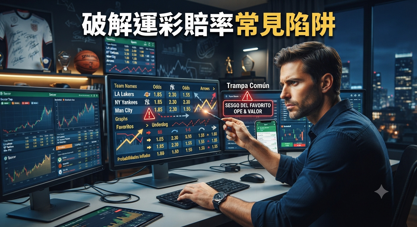 這張圖片展示了一位專注的分析師正在研究體育博彩賠率,並標示出常見的陷阱。 畫面中心清楚呈現「破解運彩賠率常見陷阱」的主標題,營造出專業且深度的分析氛圍。