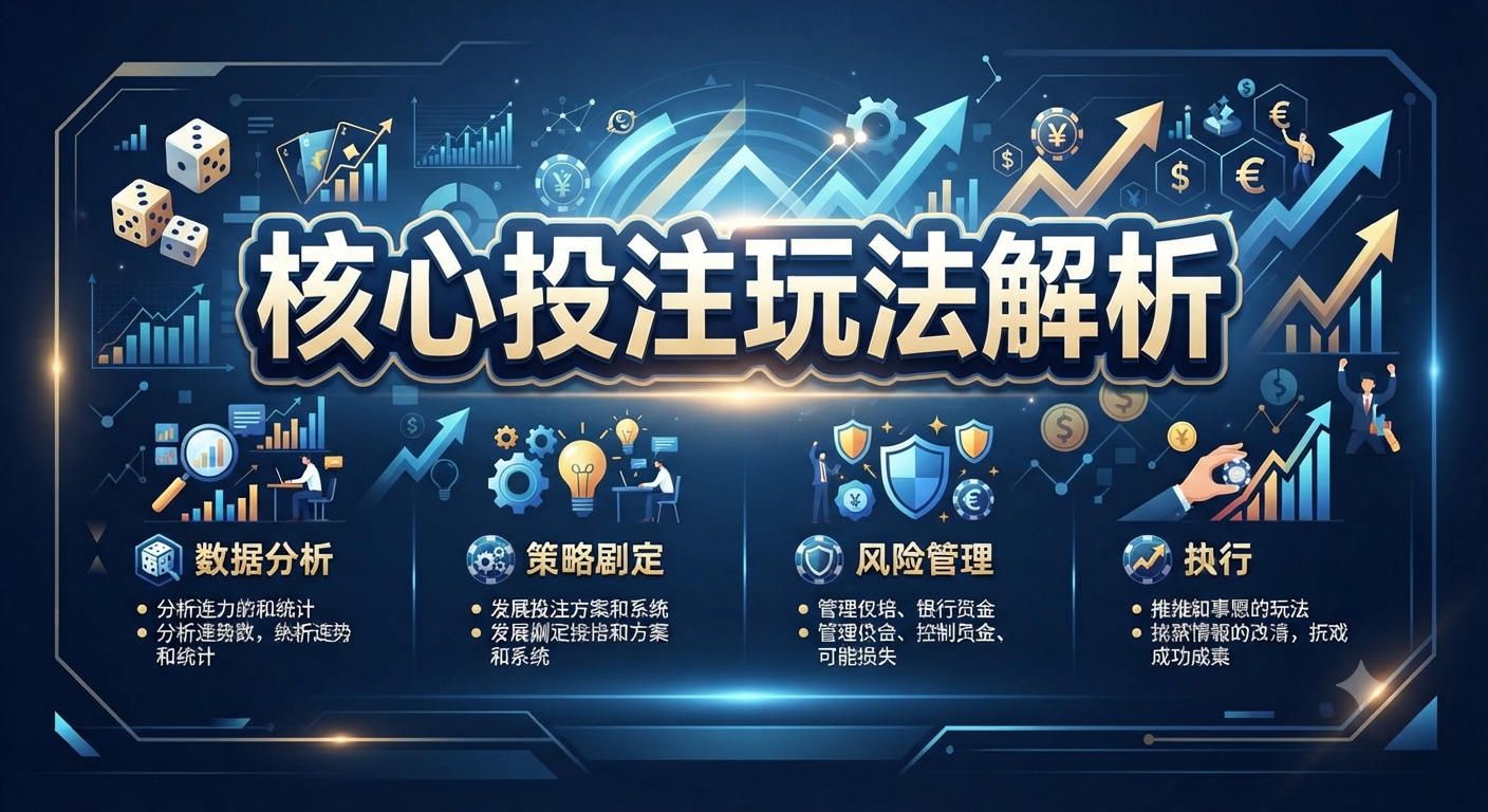 這是一張以「核心投注玩法解析」為標題的專業數據圖表,背景結合了股市趨勢與科技元素,營造出策略分析的氛圍。 圖像中央醒目地呈現主題文字,周圍輔以數據分析、策略擬定、風險管理與執行等四個關鍵領域的圖示,象徵系統化的投注思維。