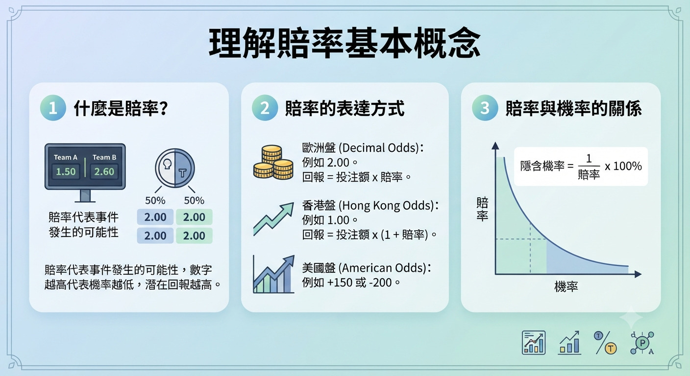 這張圖片以「理解賠率基本概念」為標題，詳細介紹了賠率的定義、表達方式及賠率與機率之間的數學關係。 內容透過圖表說明了歐盤、港盤與美盤的差異，並強調數字高低與事件發生機率及潛在回報的關聯。
