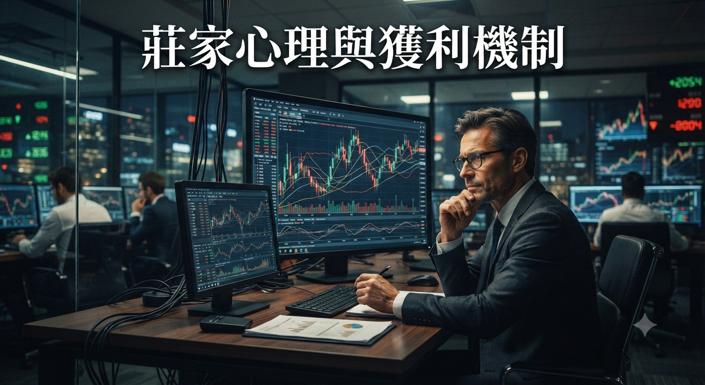 這張圖片展示了一位專注的專業交易員在暗色調的辦公室中分析金融圖表。 標題「莊家心理與獲利機制」醒目地置於畫面中央，營造出深沉而專業的金融決策氛圍。