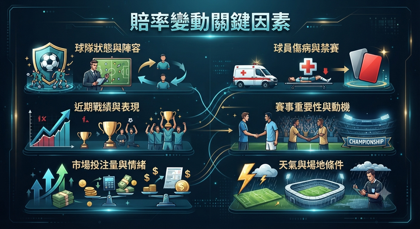 這是一張關於「賠率變動關鍵因素」的資訊圖表,以科技感風格呈現,將各項影響因素以圖像化方式分類排列。 圖表透過清晰的視覺符號,展現了球隊戰績、球員狀況、市場投注與比賽環境等多個維度如何共同影響賠率的變動。