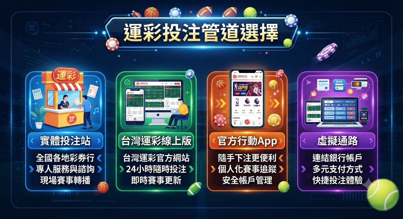 這張圖片以專業的視覺設計展示了「運彩投注管道選擇」的主題,並將投注方式清晰劃分為實體站點、線上網站、行動應用程式與虛擬支付四大類。 透過簡潔的排版與科技感風格,有效地傳達了現代運動彩券投注的多元便利性與安全管理特色。