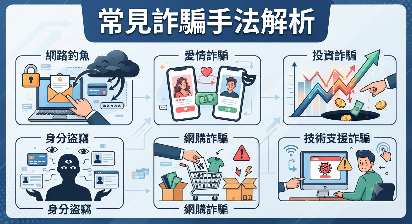 這張圖表清晰地概述了常見的詐騙手法,包括網路釣魚、愛情詐騙、投資詐騙、身分盜竊、網購詐騙及技術支援詐騙。 透過直觀的插圖與標題,提醒大眾辨識各類風險以提升防詐意識。