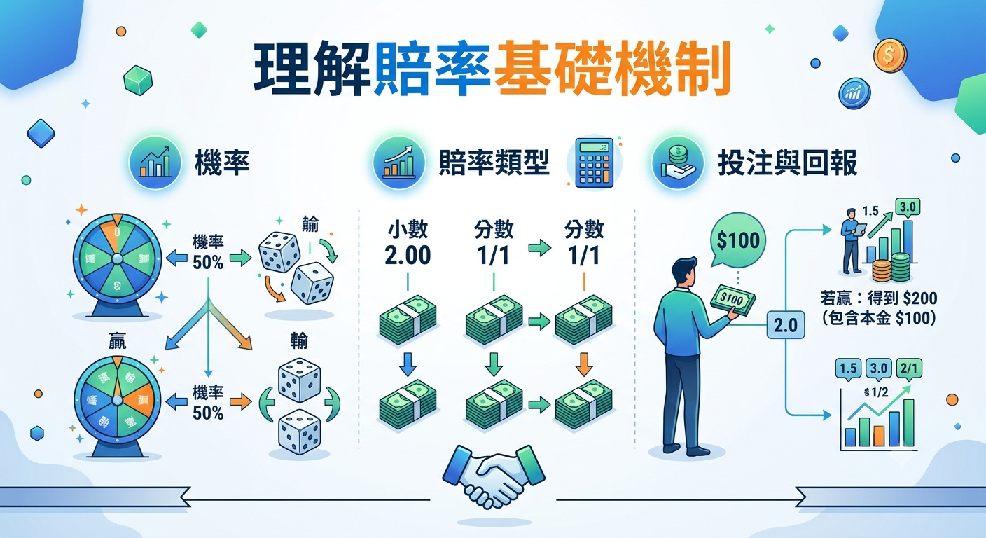 這張資訊圖表以「理解賠率基礎機制」為標題,透過圖示解析了機率、賠率類型以及投注回報的計算方式。 圖像結構清晰,利用直觀的圖表與數字說明,幫助讀者快速掌握賠率運作的核心概念。