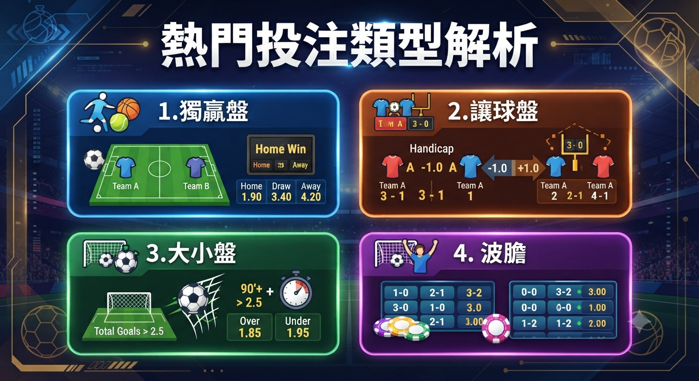 這是一張介紹體育賽事熱門投注類型的分析圖，運用科技感的設計風格呈現了四種主要投注玩法。 圖中清晰列出了獨贏盤、讓球盤、大小盤與波膽，並透過圖標與數據示例直觀地解析了各類型的運作方式。